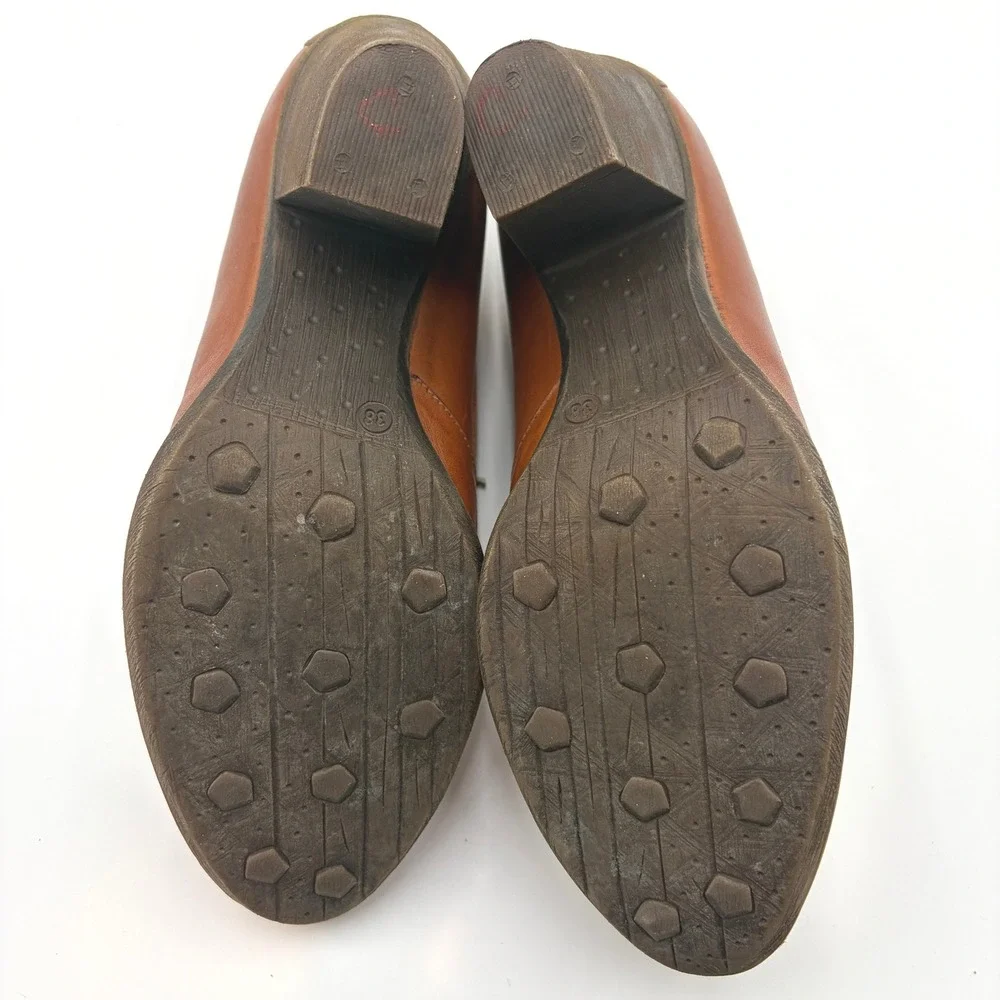 Greyder Cognac Leather Heeled Loafer Booties Size 38 7.5 Lace Up Boat Shoe Style